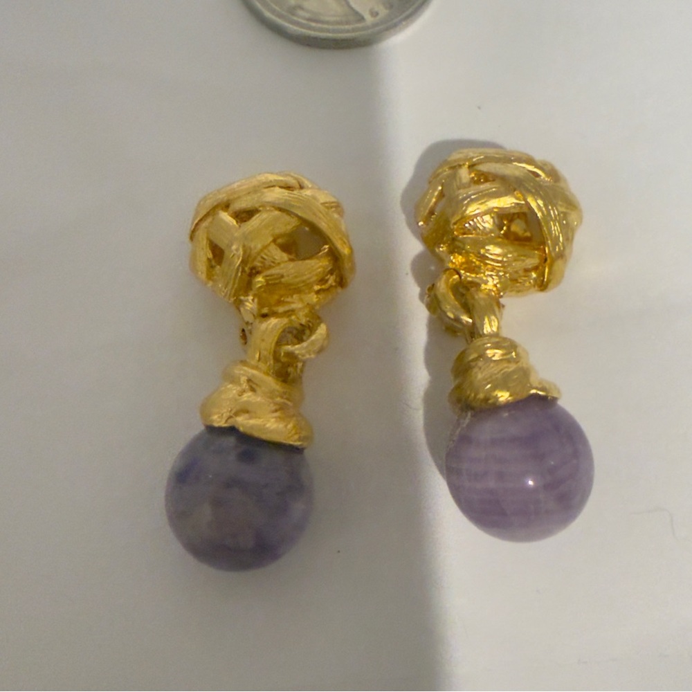 Vendome Elegant Gold plated and Purple Drop bead glass clip on Earrings
